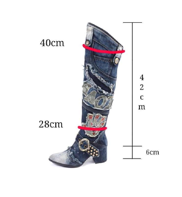 Women’s knee-high denim boots showcasing rivets, embroidery, and sizing measurements for the perfect fit.