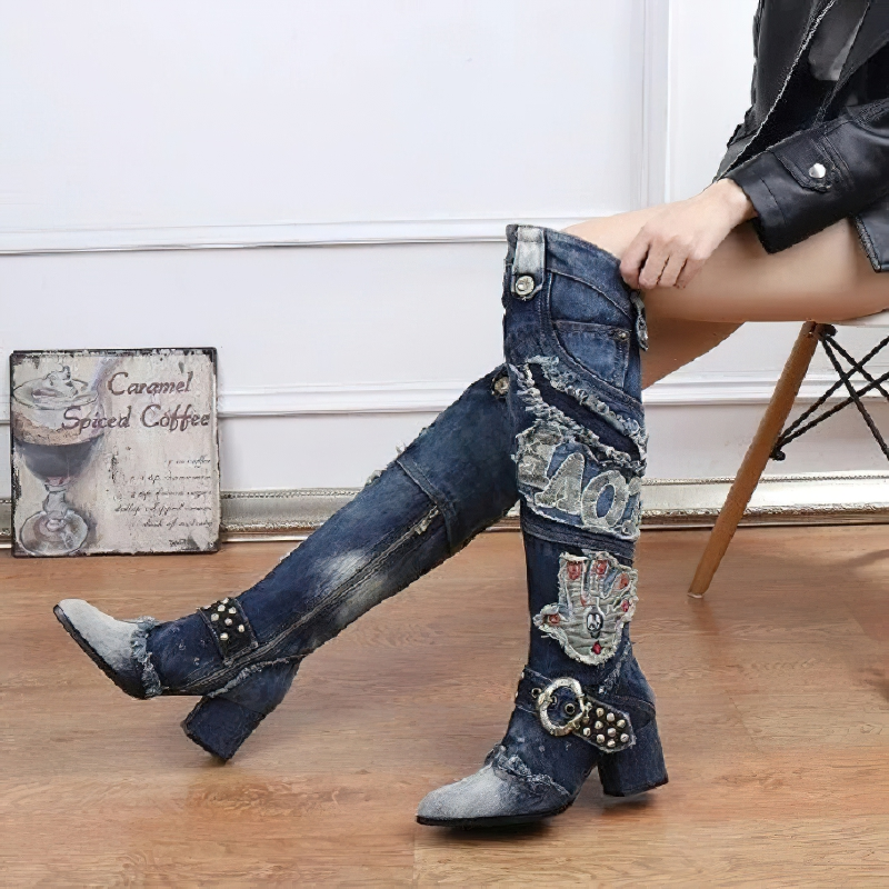 Stylish women's knee-high denim boots with rivet and embroidery details, featuring chic high heels and zippers.