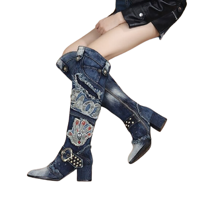 Women knee-high denim boots with rivets and embroidery, perfect for alternative style fashion.