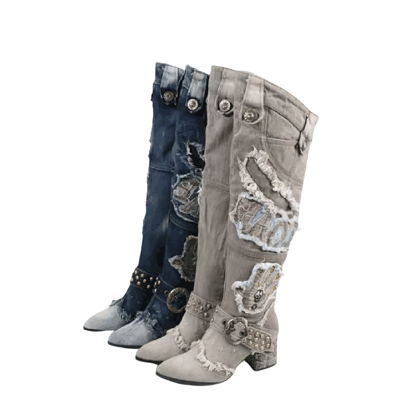 Women knee-high boots in blue and gray with rivets and embroidery, stylish denim footwear with unique designs.