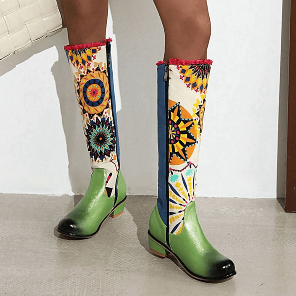 Women Knee High Boots / Mixed Color Flower Pattern Shoes - HARD'N'HEAVY
