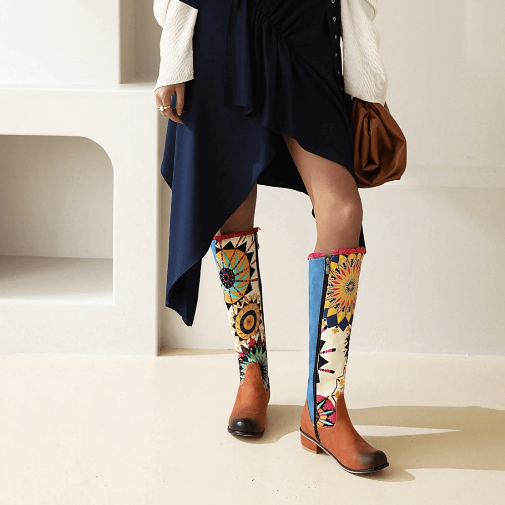 Women Knee High Boots / Mixed Color Flower Pattern Shoes - HARD'N'HEAVY