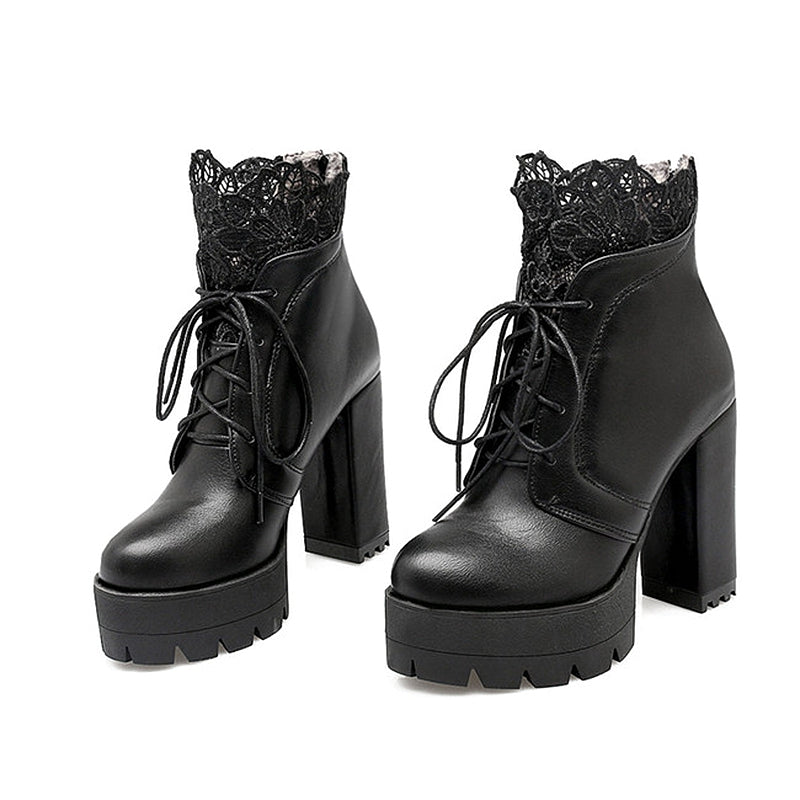 Women Gothic Lacing Platform Ankle Boots in Black with High Heels and Lace Trim.