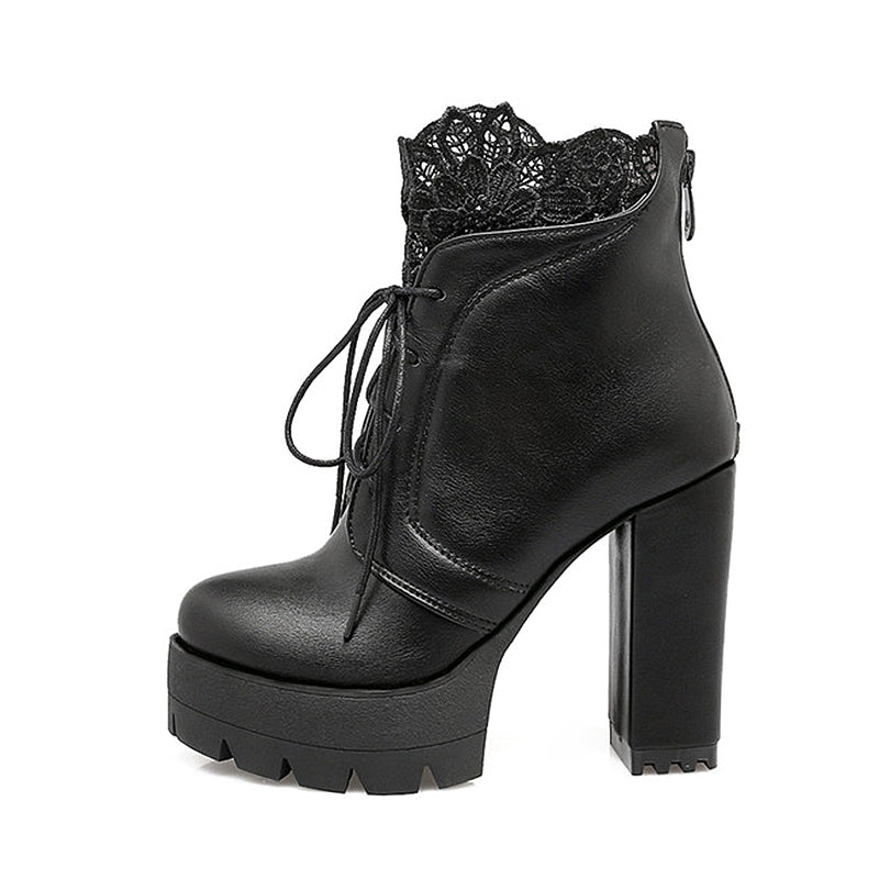 Women gothic lacing platform boots in black with high heels and lace details, perfect for stylish outfits.