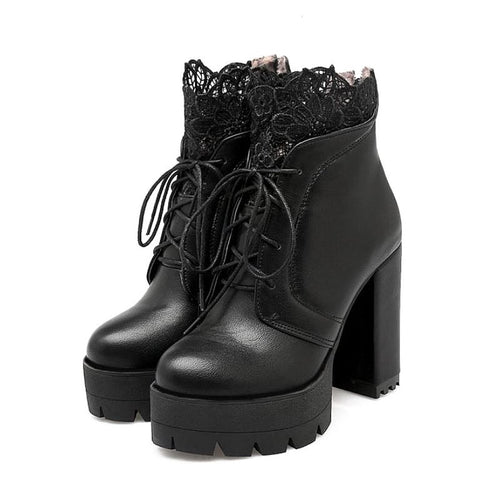 Damen-Schnür-Plateaustiefel im Gothic-Stil / High Heels, weibliche schwarze und weiße kurze Stiefel 