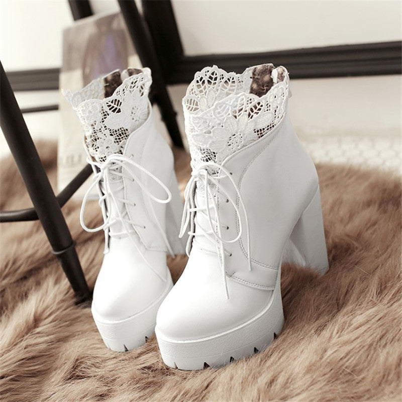 White gothic lacing platform boots with high heels and lace detailing, perfect for stylish outfits.