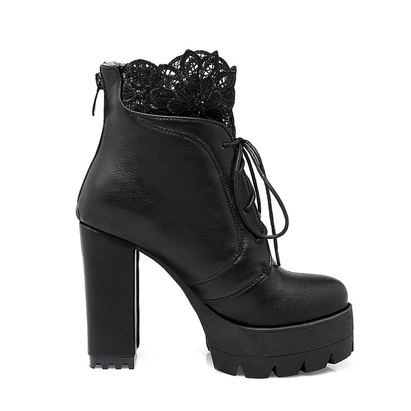 Women Gothic Lacing Platform Boots in Black with High Heels and Lace Decoration for Stylish Outfits
