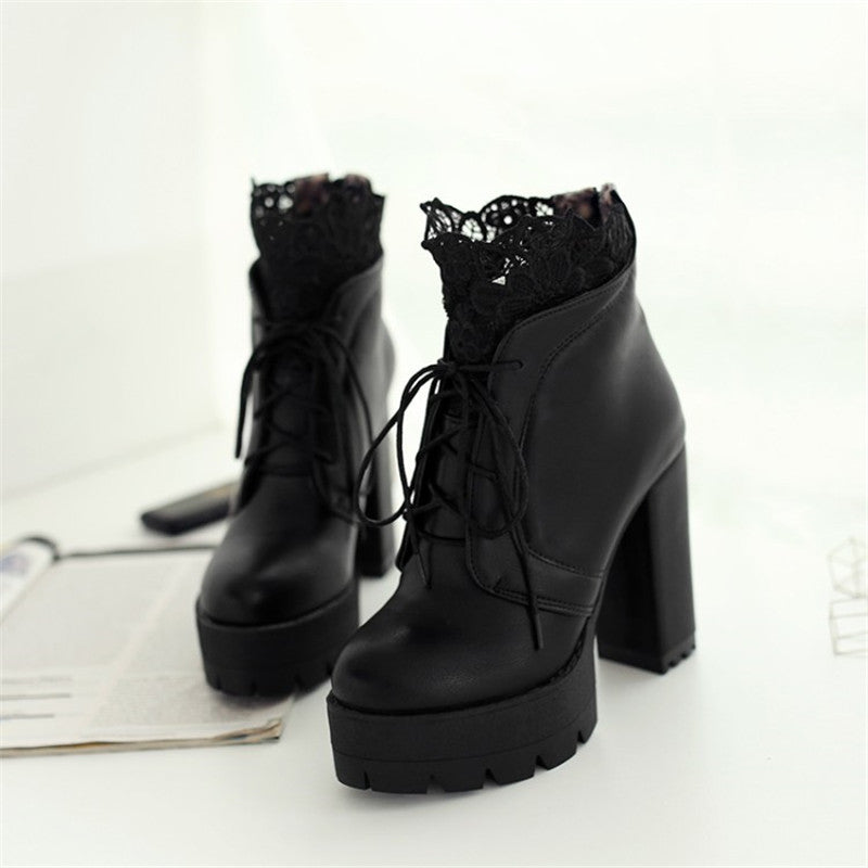 Women gothic high heel platform boots with lace trim, perfect for stylish outfits in black.