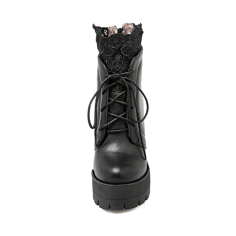 Women Gothic Lacing Platform Boots with High Heels - Black Ankle Boot with Sewn Detail
