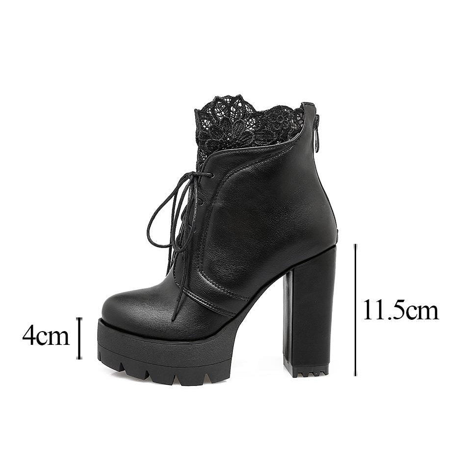 Gothic women lacing platform boots in black with high square heels, perfect for trendy outfits.