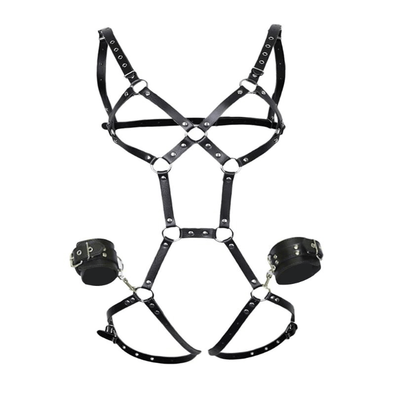 Black PU leather body harness with metal elements, featuring gothic suspenders and bondage style, perfect for cosplay or dance events.