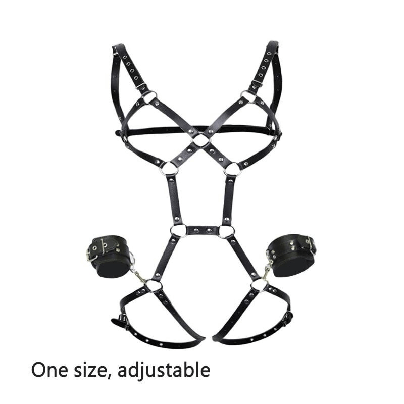 Black leather body harness with metal accents for cosplay or dance, adjustable size. Women's fashion accessory for parties or bedroom.