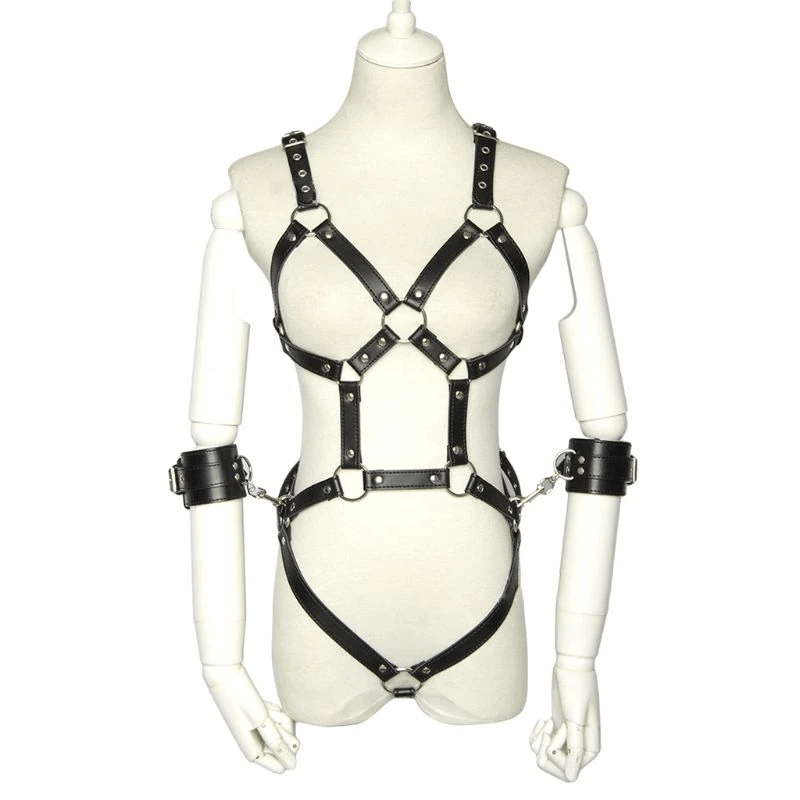 Black leather body harness with gothic suspenders on mannequin, perfect for cosplay or dance party attire.