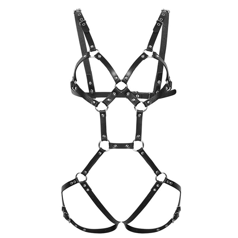 Black PU leather body harness with metal studs, gothic bondage bra garter for cosplay, dance, or bedroom fashion accessory.