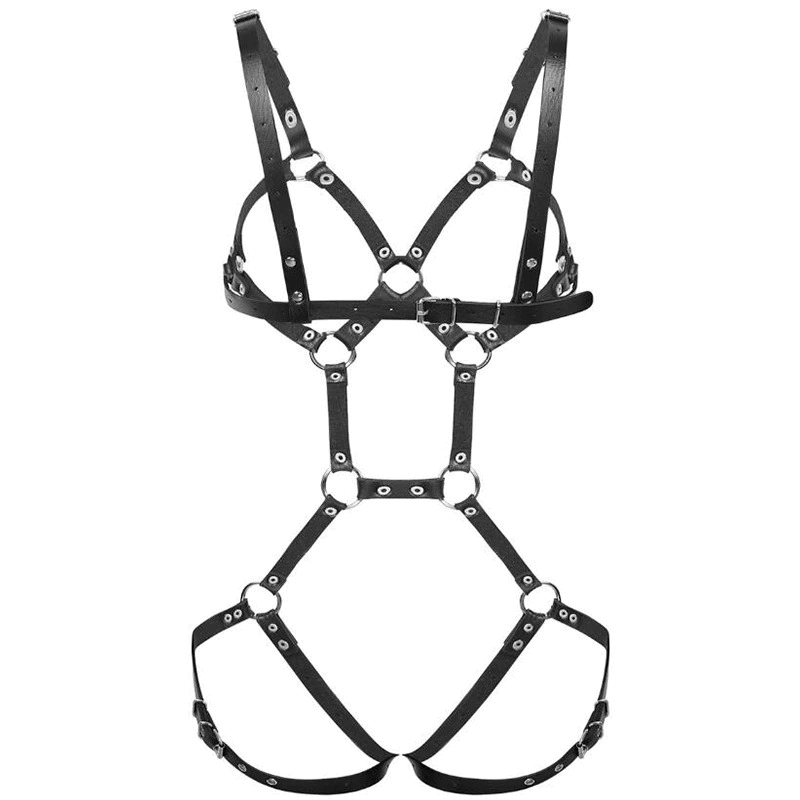Women’s black leather body harness with metal elements, perfect for cosplay or bedroom fashion, featuring gothic suspenders and bondage style.