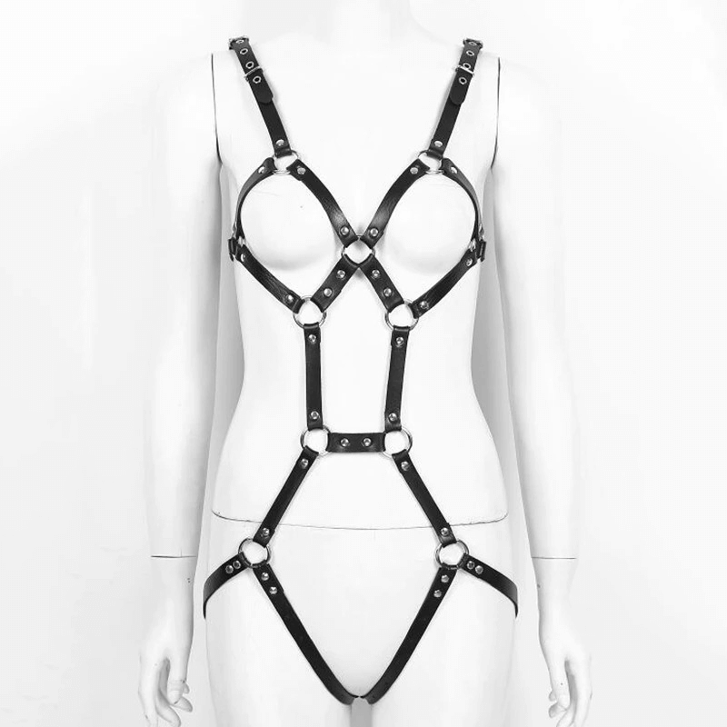 Women's black leather body harness with metal elements, perfect for cosplay or bedroom fashion. Gothic suspenders and bondage style.