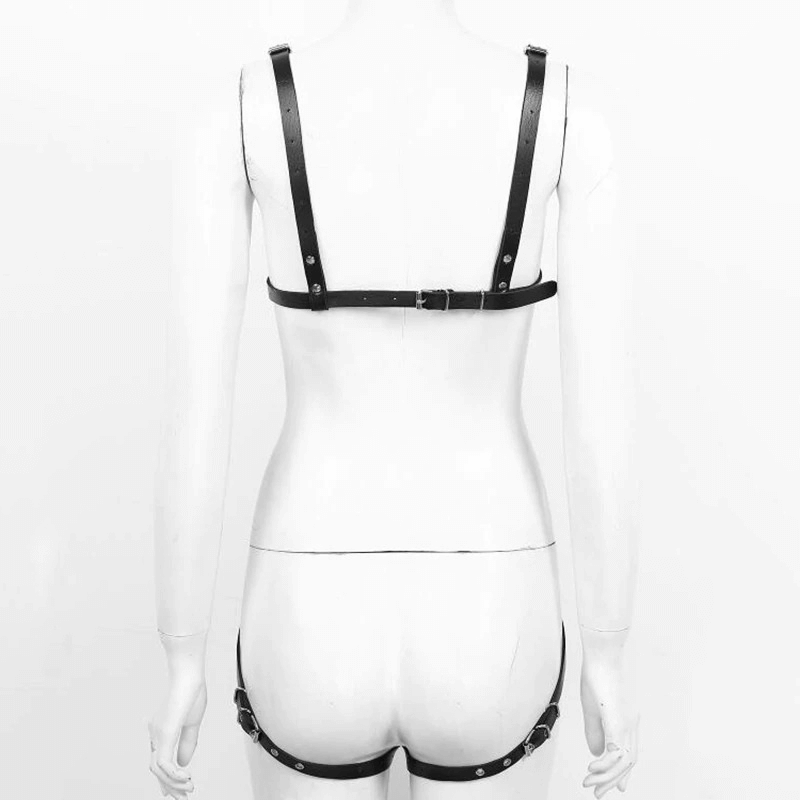 Black leather women body harness and garter set in solid bondage style, ideal for dance, cosplay, or bedroom fashion.
