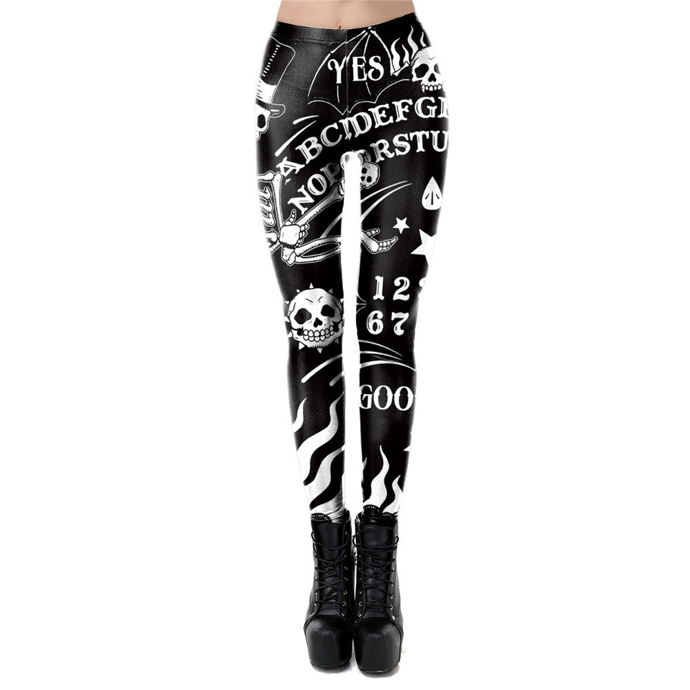 Women’s devil head leggings with skulls and letters, perfect for workouts or Halloween parties, paired with high heel boots.