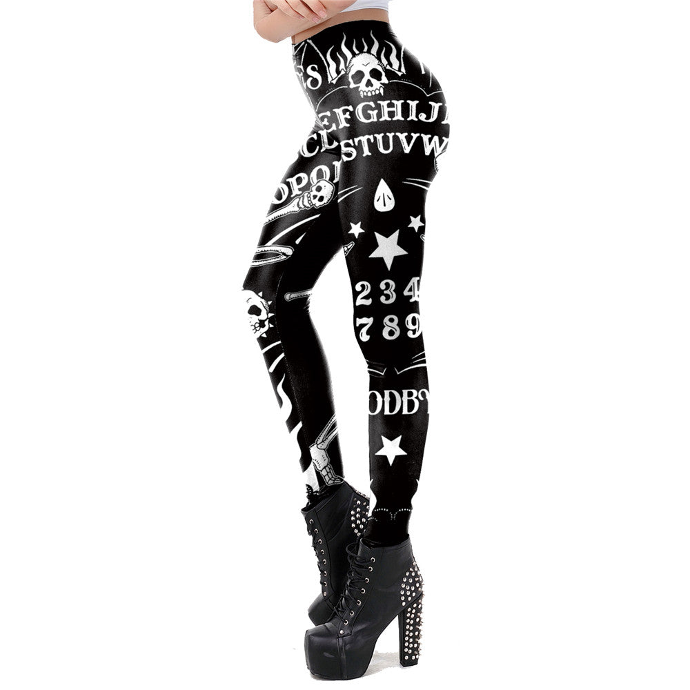 Gothic women leggings featuring devil skulls, letters, and numbers, perfect for Halloween or fitness wear.