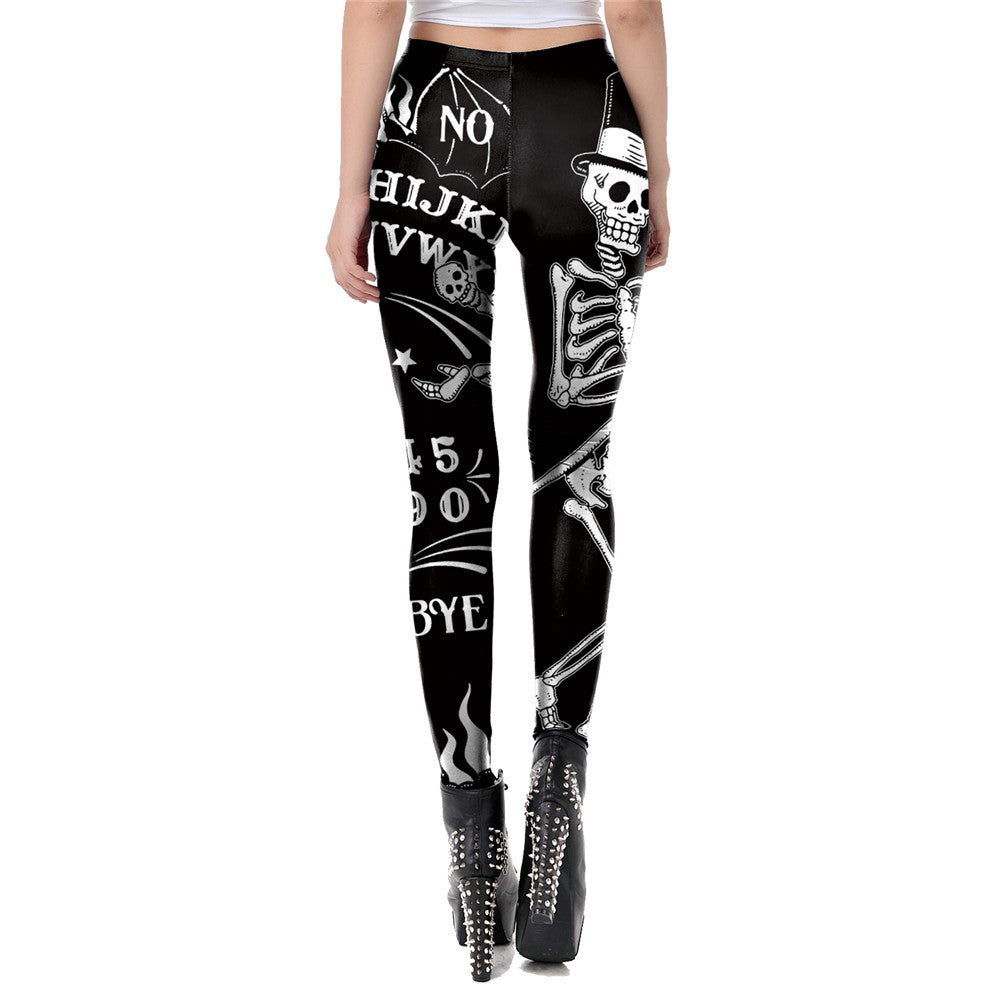 Gothic women leggings featuring devil skulls and skeleton designs, perfect for Halloween or edgy workouts.
