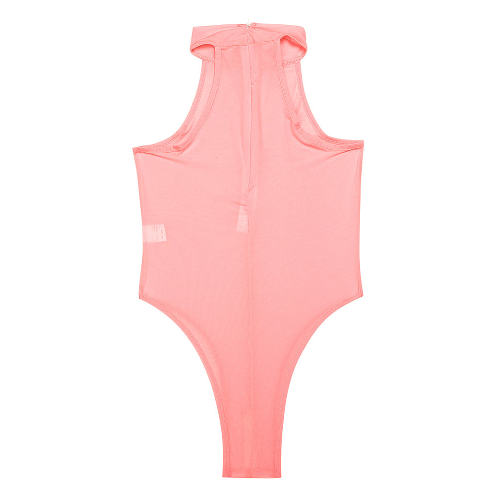 Pink sleeveless women bodystocking with open butt thong design, perfect for sunbathing and photoshoots.