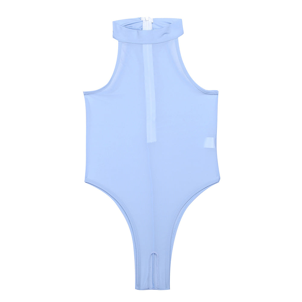 Light blue sleeveless bodystocking with open butt design, perfect for sunbathing and photoshoots.