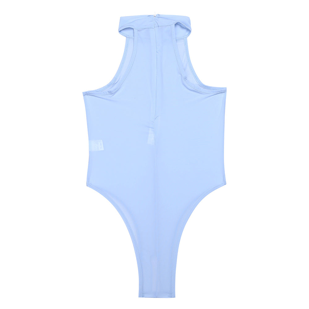 Light blue sleeveless women bodystocking leotard, perfect for sunbathing or photoshoots, featuring open butt thong design.