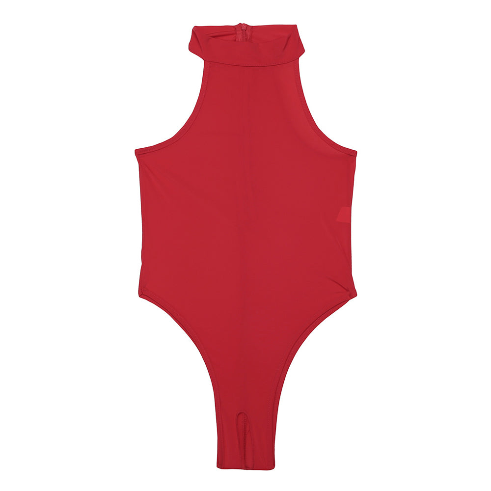 Red sleeveless women bodystocking, open butt thong leotard, ideal for sunbathing or photoshoots.