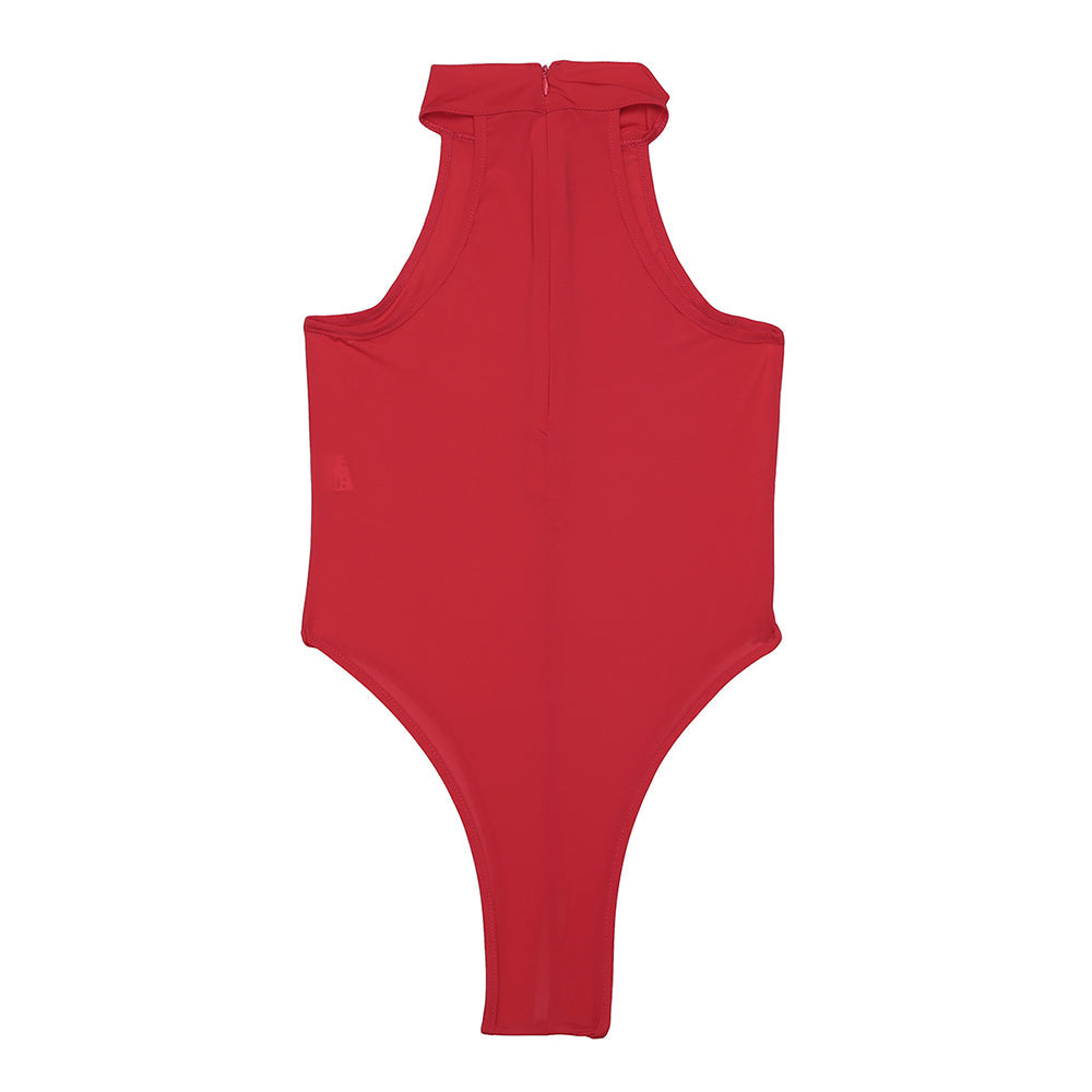 Red sleeveless bodystocking leotard featuring open back and thong design for sexy sunbathing or photoshoots.