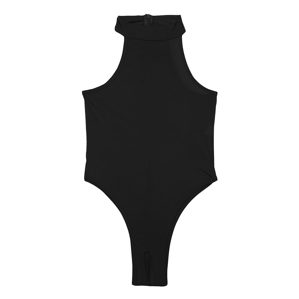Black sleeveless bodystocking with open butt thong design, perfect for sunbathing or photoshoots.