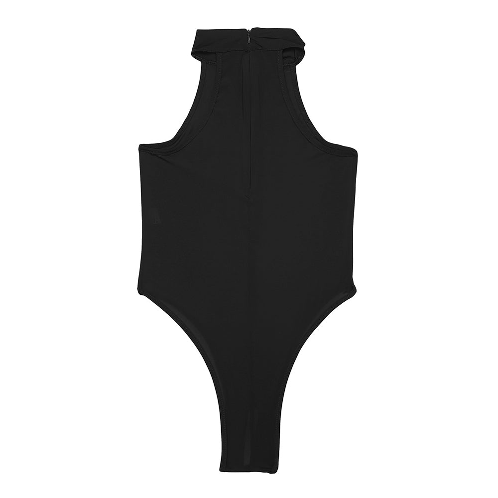 Black sleeveless bodystocking with high neckline and open back, perfect for photoshoots or sunbathing.