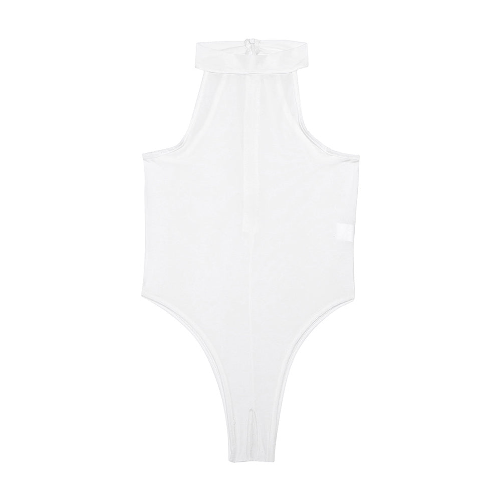 White sleeveless bodystocking with open back, perfect for sunbathing or photoshoots.