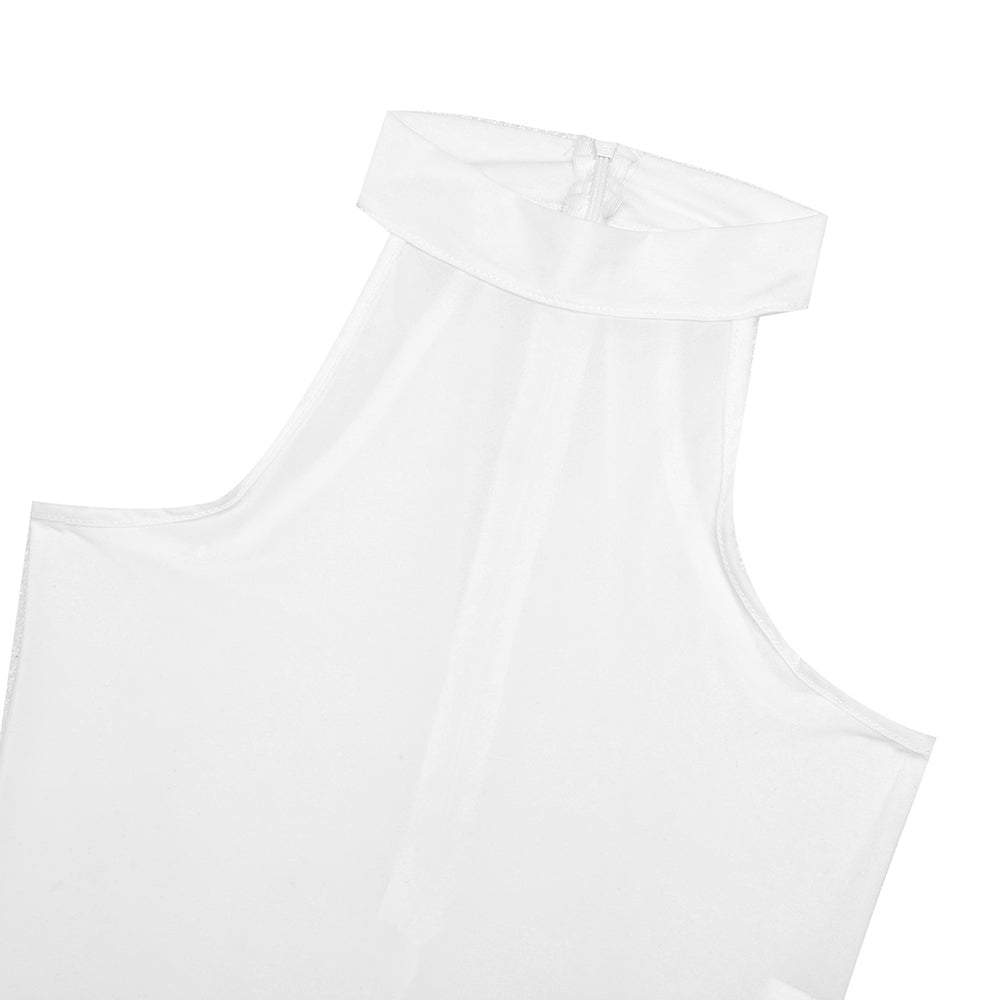 Elegant white sleeveless bodystocking with a high neck collar, perfect for a sexy look.