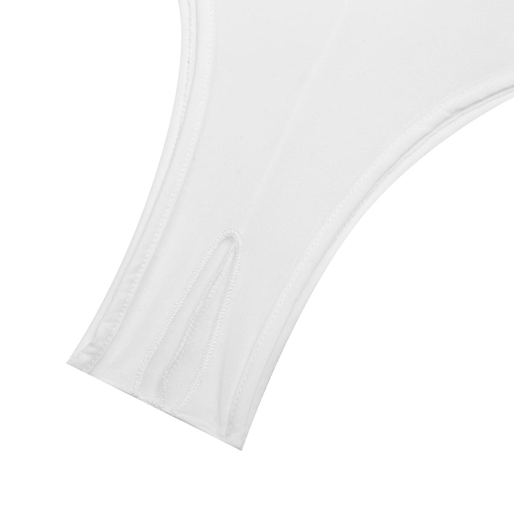 Close-up of white women's bodystocking featuring sleeveless design and open back for sexy appeal.