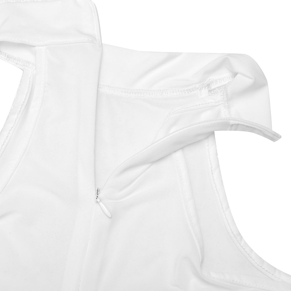 Close-up of the white sleeveless bodystocking, featuring a stylish cut and zipper detail for added elegance.