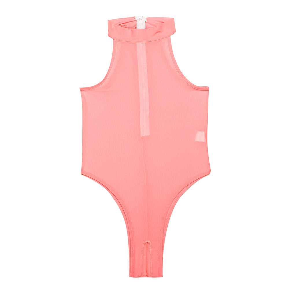Pink sleeveless bodystocking for women in sheer fabric, perfect for sunbathing and photoshoots.