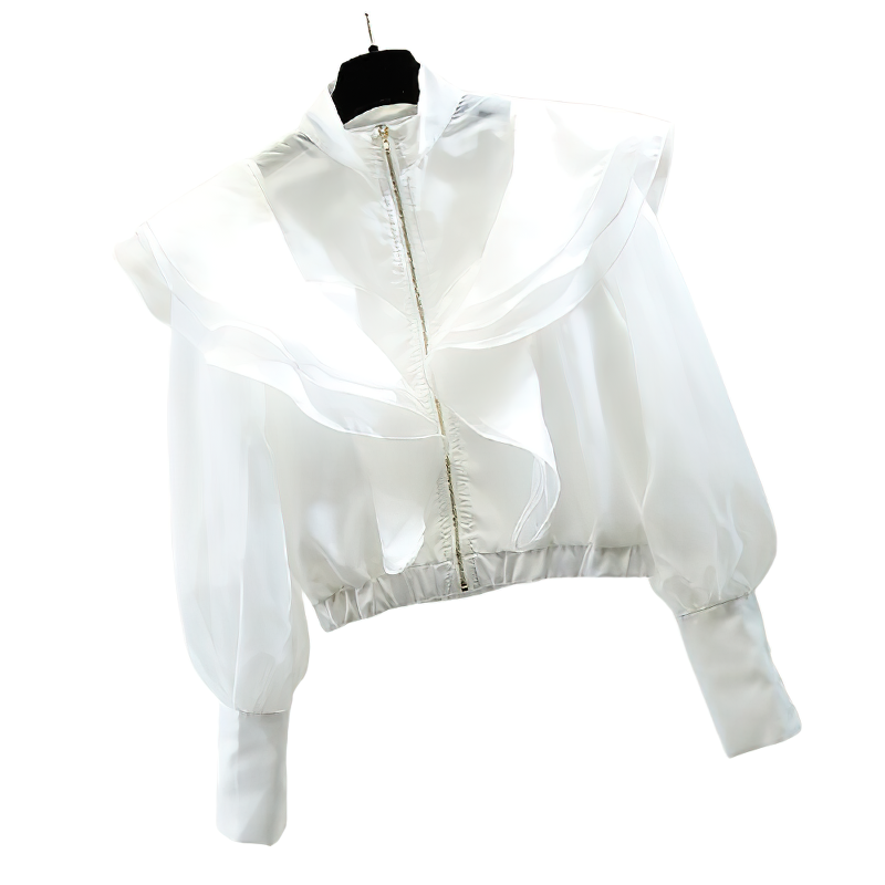Women Loose Fit Mesh Ruffles Short Jacket / Fashion Outerwear in White and Black Colours - HARD'N'HEAVY