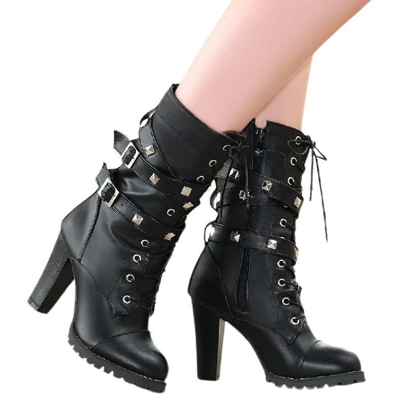 Women Mid Calf Heels Boots Of Rivets And Lace Up / Round Platform Of Buckle And Zipper - HARD'N'HEAVY
