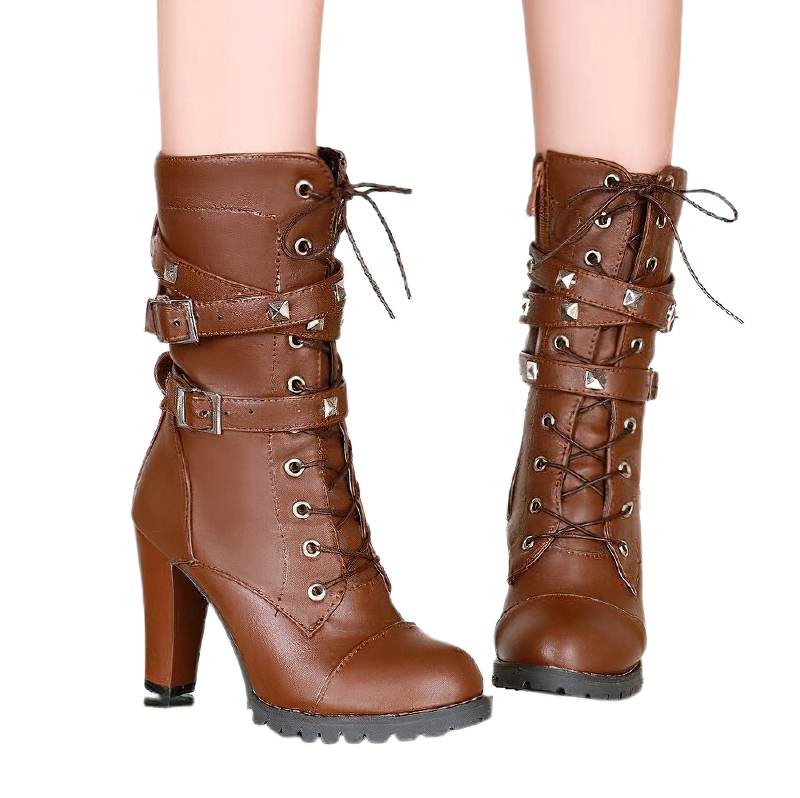 Women Mid Calf Heels Boots Of Rivets And Lace Up / Round Platform Of Buckle And Zipper - HARD'N'HEAVY