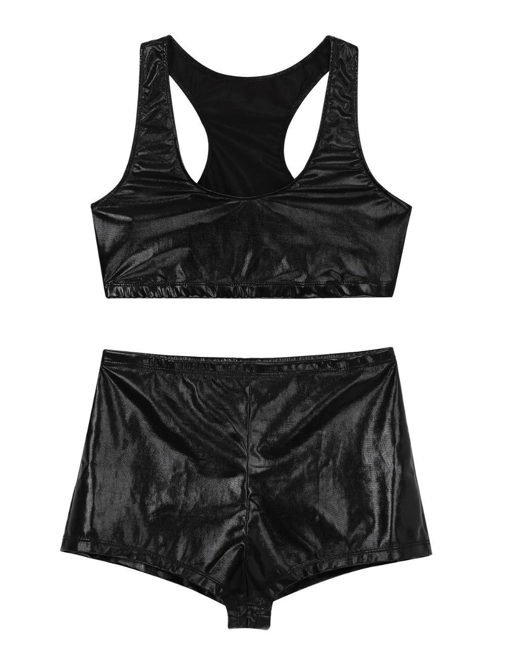 Women Pole Dance Intimate Clothing / Short Black Crop Top Shiny Metallic Sexy Rave Outfits - HARD'N'HEAVY