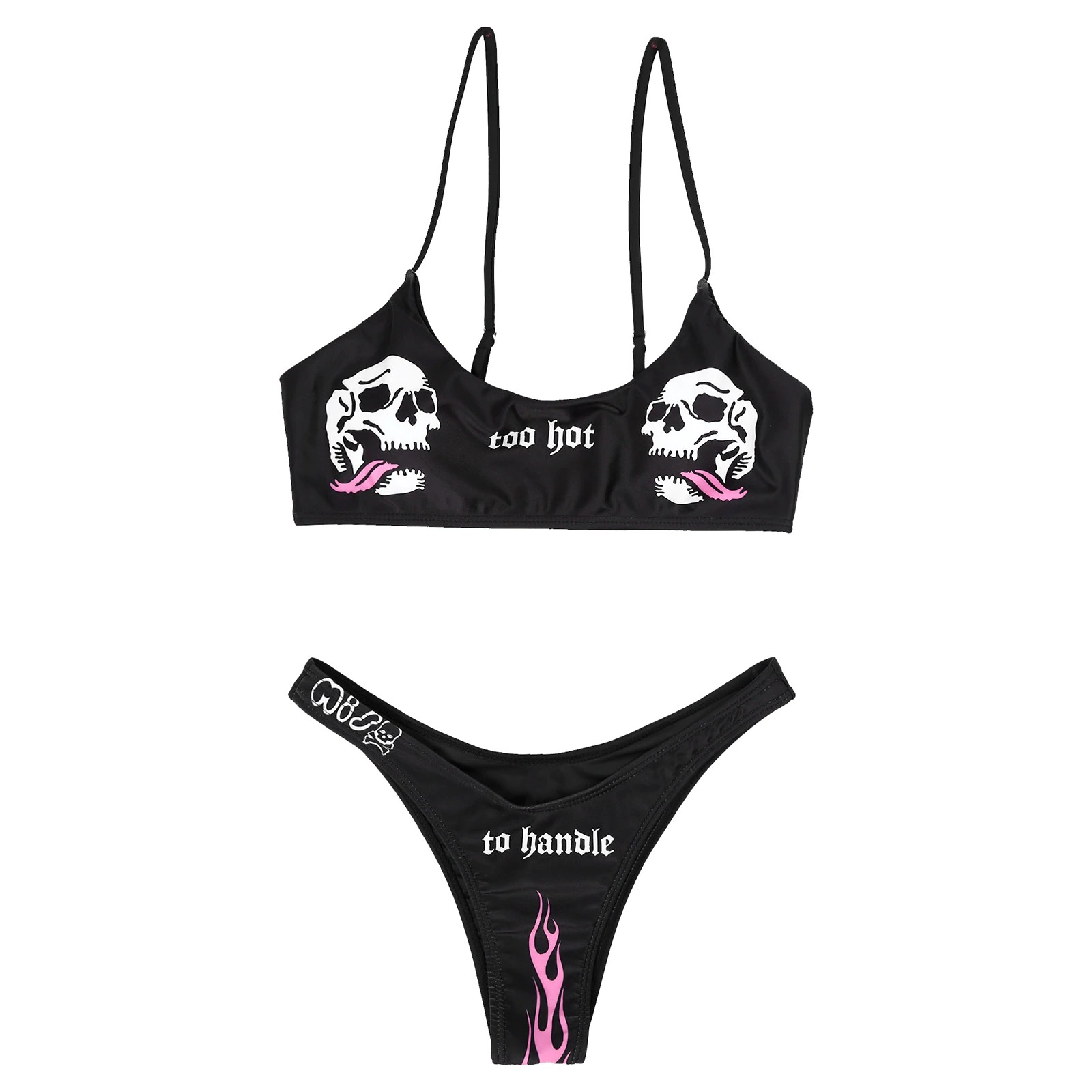 Stylish women's black bikini set with skull print and playful text, perfect for adding a gothic touch to summer looks.