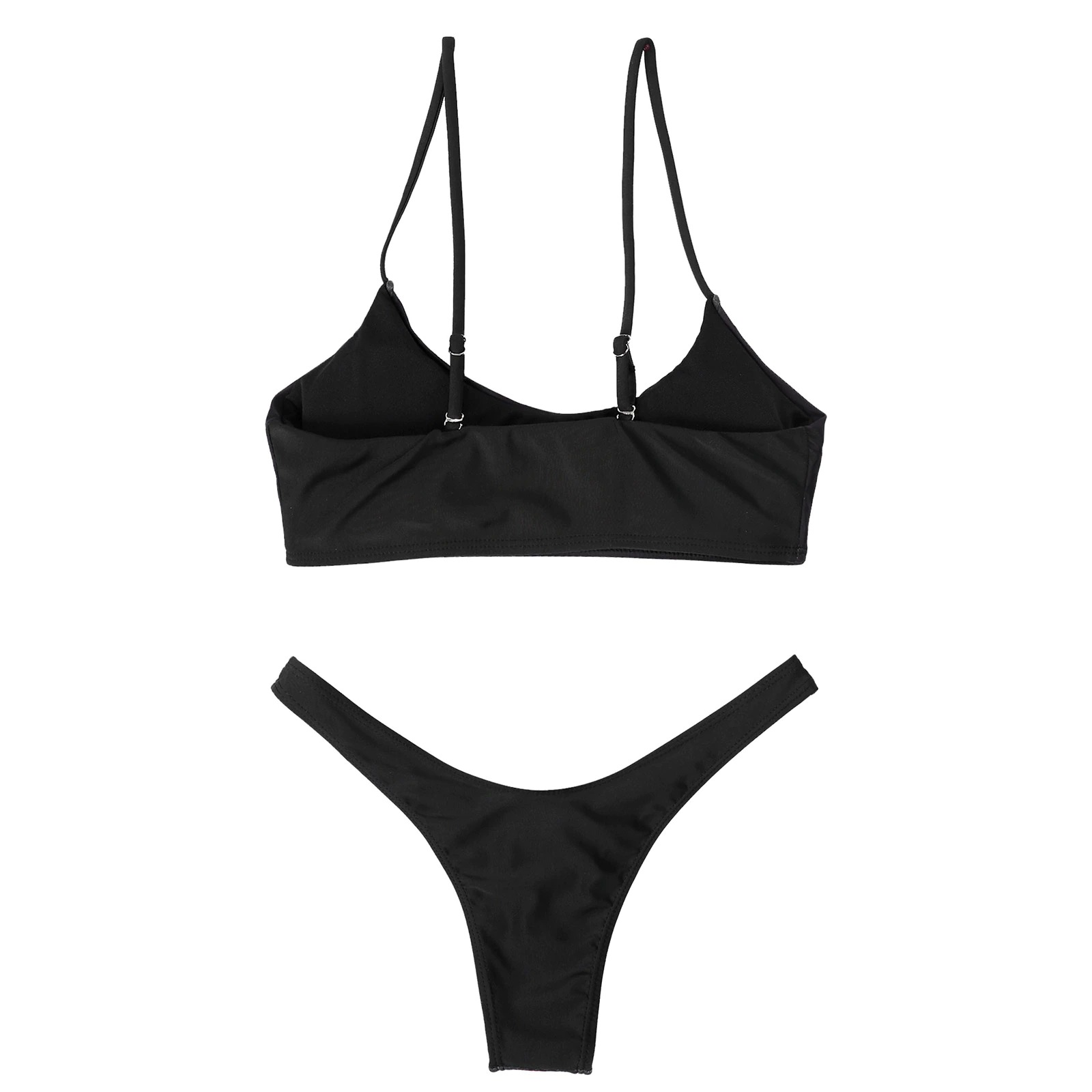 Black two-piece bikini set featuring a stylish crop top and matching thong bottom, perfect for summer beach vibes.