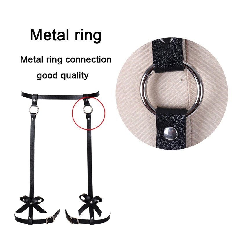 Women's PU leather harness with metal ring and bow details for gothic Halloween outfits in black.