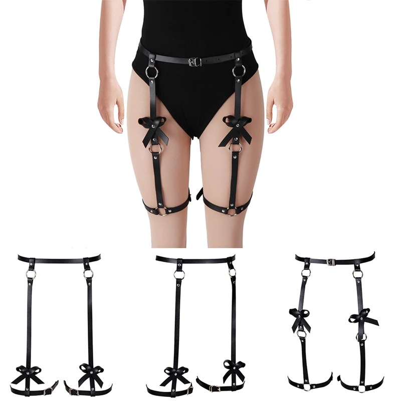 Women's black PU leather body harness with bows, perfect for Halloween rave outfits or themed parties.