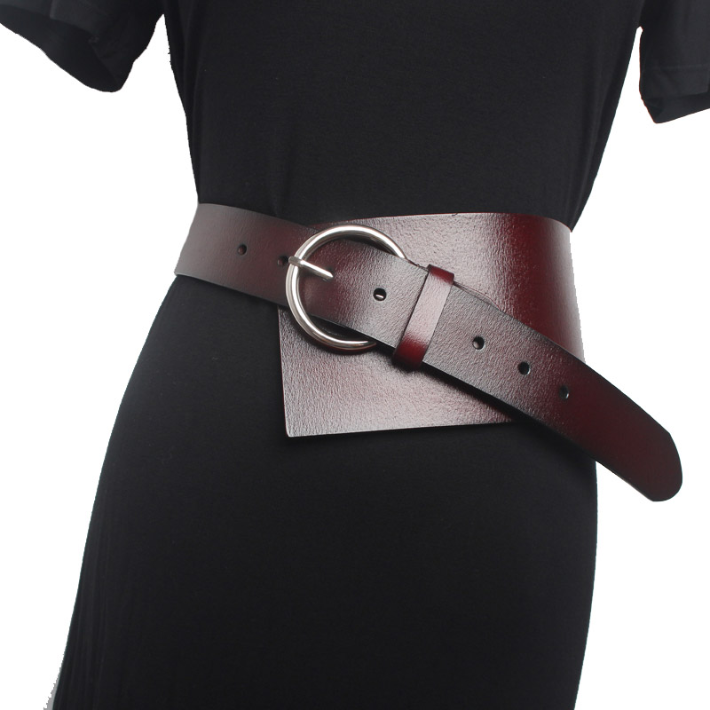 Women PU leather waist corset belt in burgundy with silver circle buckle, perfect for retro casual style.