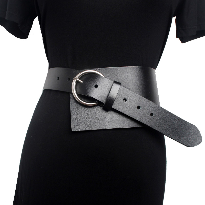 Women’s black PU leather waist corset belt with silver circle buckle, perfect for alternative fashion looks.