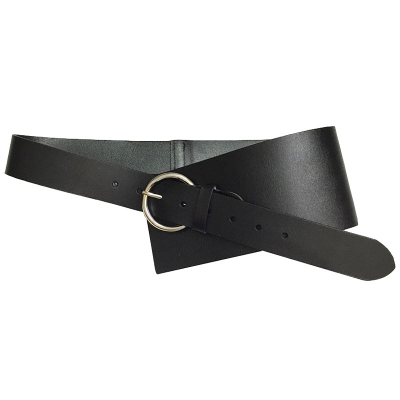 Women PU leather waist corset belt in black, featuring a wide design and silver circle buckle, perfect for retro casual styling.
