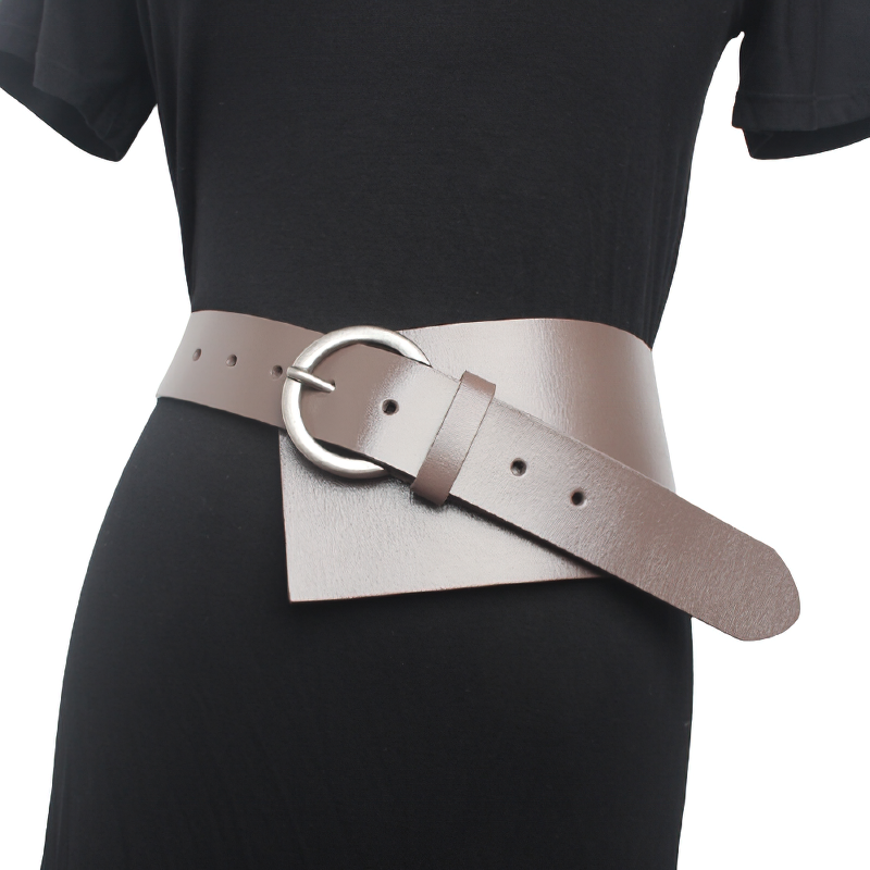 Women PU leather waist corset belt in retro casual style with wide strap and silver circle buckle.