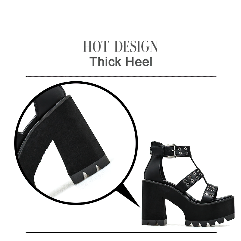 Women Rivet Shoes For Rock Style Parties / Black Heel Platform Sandals Shoes in Alternative Fashion - HARD'N'HEAVY