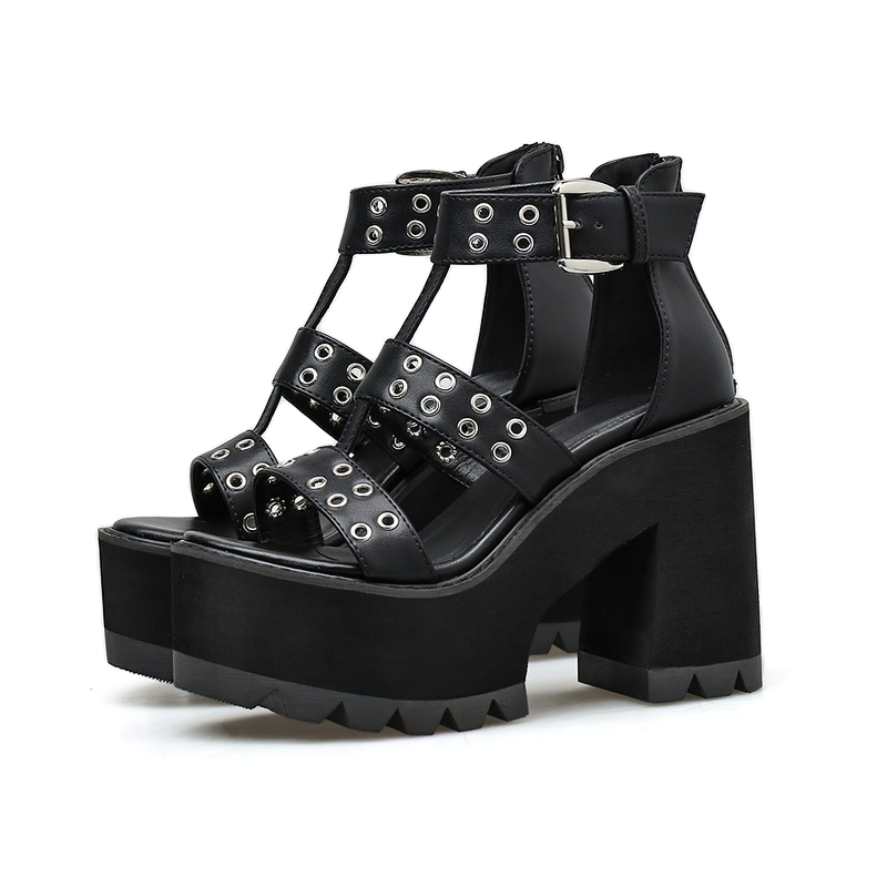 Women Rivet Shoes For Rock Style Parties / Black Heel Platform Sandals Shoes in Alternative Fashion - HARD'N'HEAVY